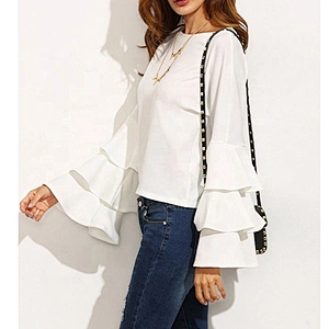 Long Sleeve White Crew Neck Ruffle Shirt Ladies Work Wear Chiffon Blouse