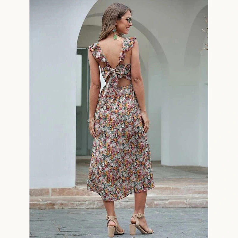 2021 New Allover Floral Ruffle Tie Back Wrap Dress