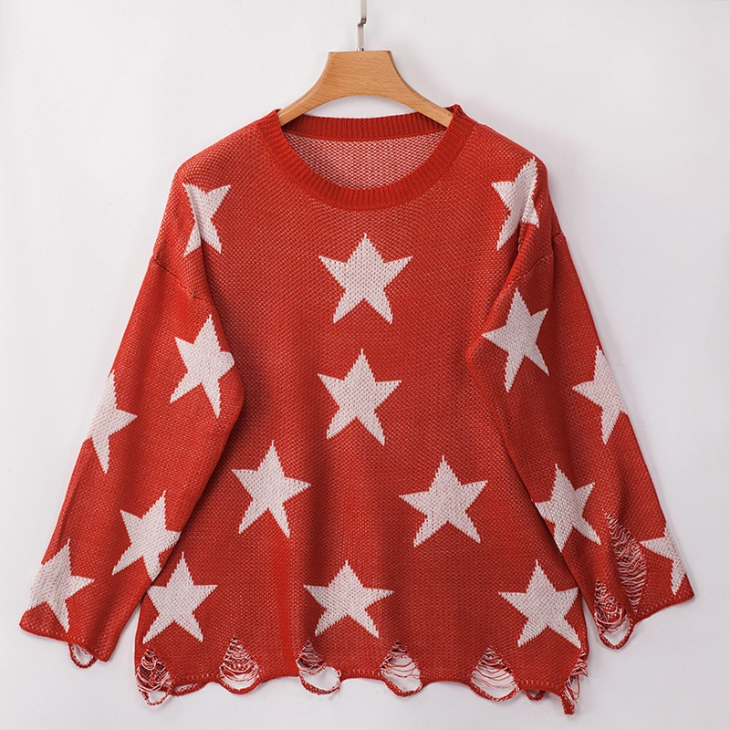 2019 Euro US Loose Knitwear round neck tree color Star print women Sweater Pullover