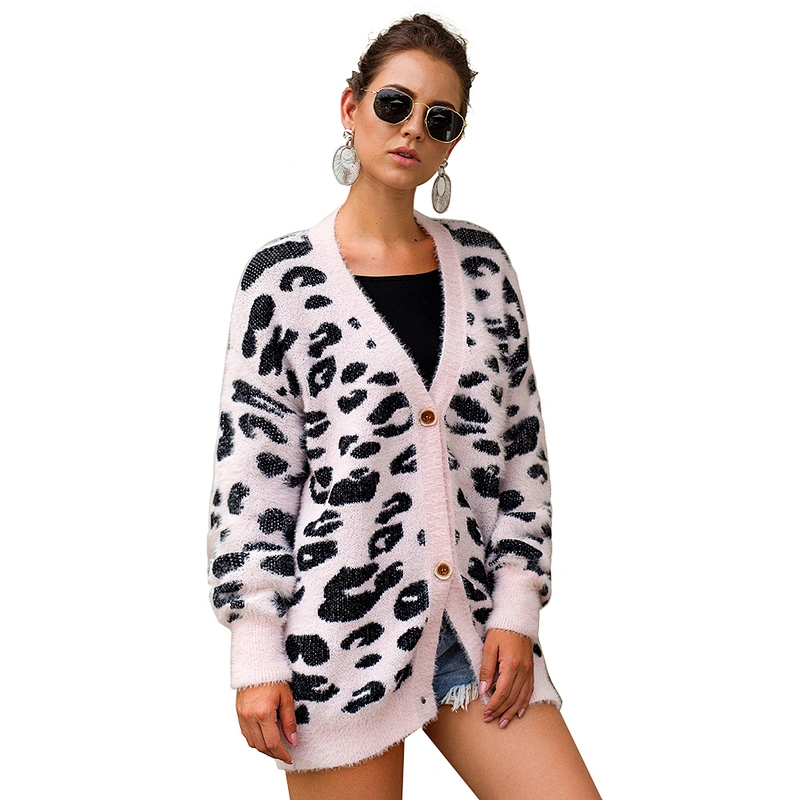 Trendy cashmere sweater Long sleeve Tree color Leopard Print knitted sweater cardigan