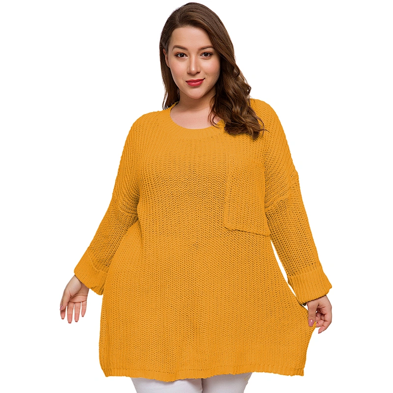 New Fashion Plus Size Pullover Plain Color big Pocket Decorate Oversize Knit Sweater Women