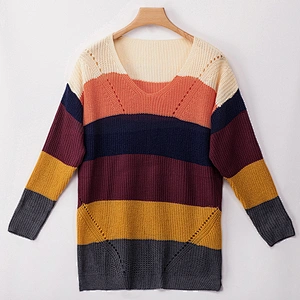 2019 Autumn Side Slit Sweater Horizontal Colorful Stripe Oversize Knit Sweater Women