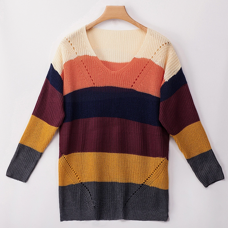 2019 Autumn Side Slit Sweater Horizontal Colorful Stripe Oversize Knit Sweater Women