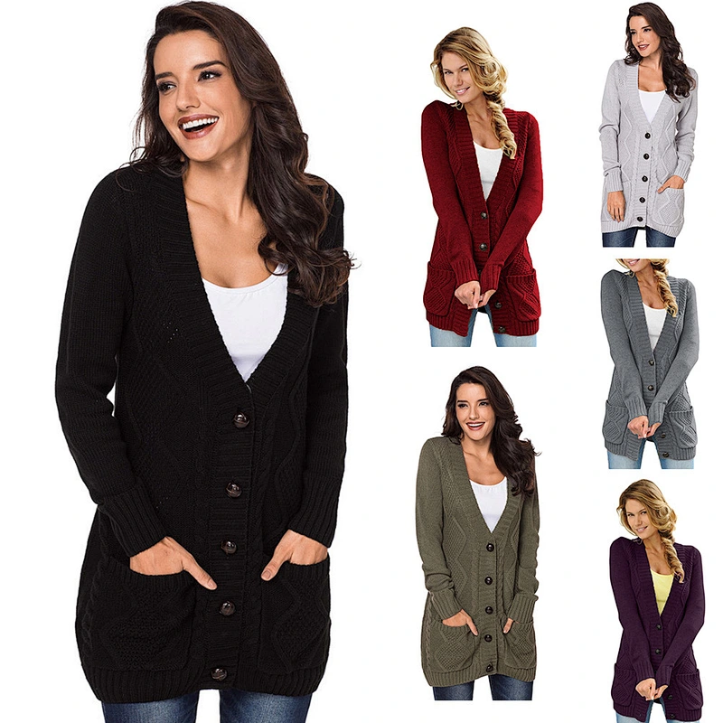 Hot sale Premium Knitting Sweater Pockets Button Deep V Neck Fitted Womens Cardigan Long