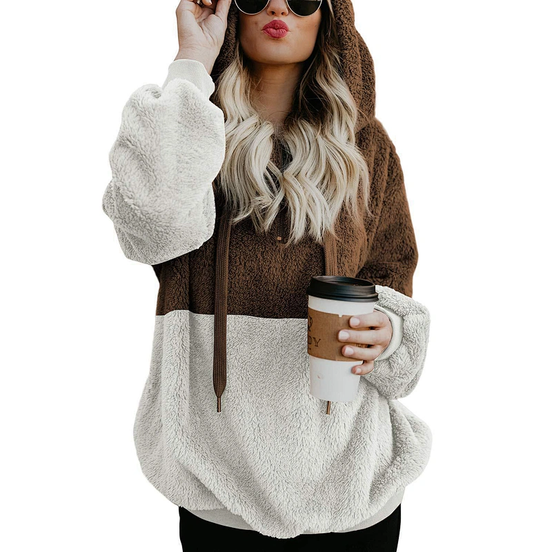 Custom Logo Women's Winter Warm Fuzzy Teddy Coats Quarter Zipper Patchwork Sherpa hoodies