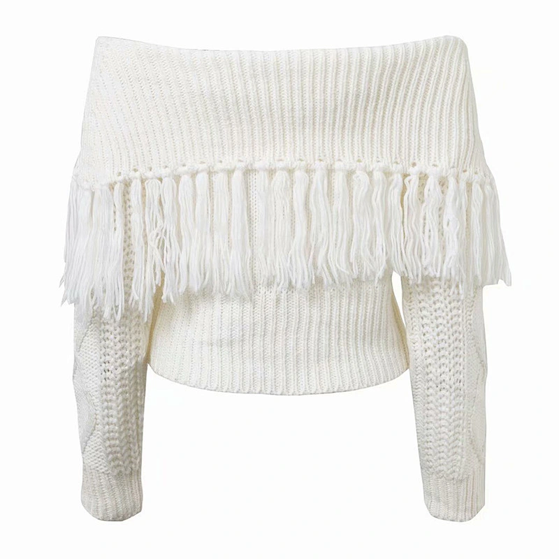 Wholesale Latest Design Womens Fall Thick Knitted Sexy Slash Tassel Sweater