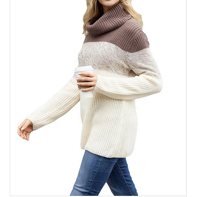 Women Color Blocked Turtleneck Long Sleeve Pullover Sweater