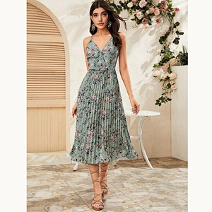 2021 New Floral Print Pleated Slip Dress