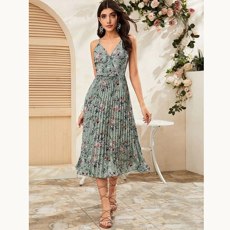 2021 New Floral Print Pleated Slip Dress