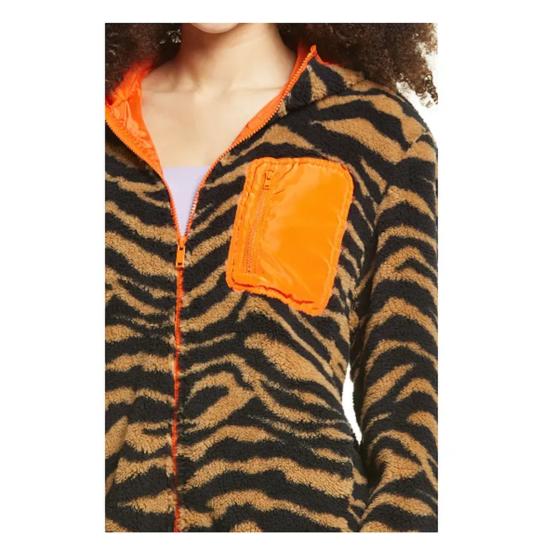 Custom Logo Winter Warm Teddy Coat Fax Fur Outwear Full Zipper Zebra Printing Sherpa Fleece Bomber Jacket