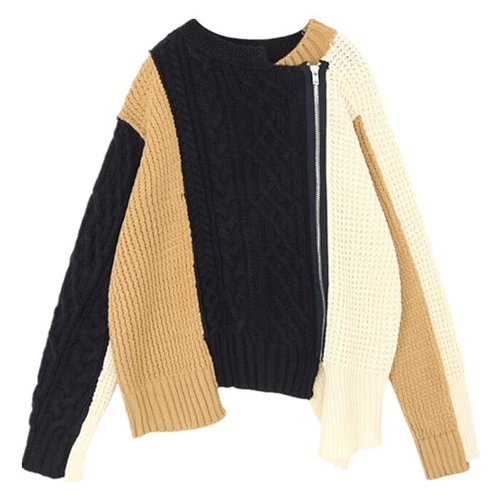 Factory Direct Women's Winter Patchwork Knitwear outwear zip-up crew neck Knitted Sweater Coat