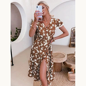 2021 New Simplee Lace Trim Wrap Tie Side Floral Dress