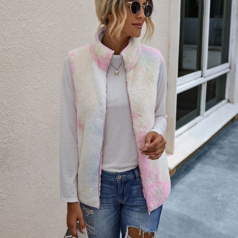 2021 Winter Warm Tie Dye Sherpa Fleece full zipper Vest Fleece Waistcoat for Women