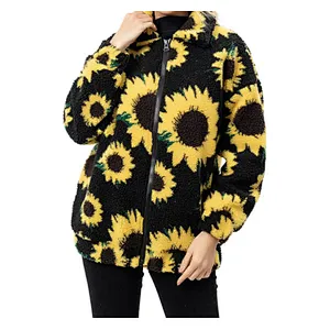 2021 New Arrival Lamb Wool  Sunflower Print Sherpa Fleece Jacket Pullover