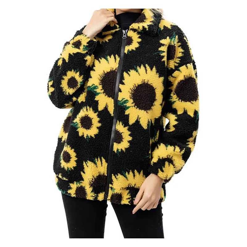 2021 New Arrival Lamb Wool  Sunflower Print Sherpa Fleece Jacket Pullover