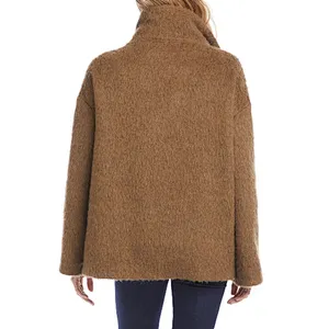Custom Logo Womens Middle long Solid color Outwear Funnel Neck Button Sherpa Jacket Coat
