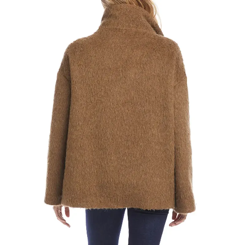 Custom Logo Womens Middle long Solid color Outwear Funnel Neck Button Sherpa Jacket Coat
