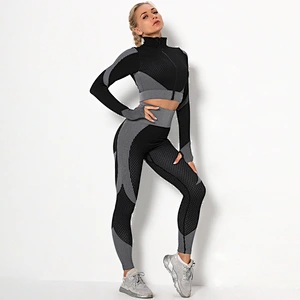 Latest Design Jacquard seamless zipper yoga suit 2PCS women's knitted hip lifting stretch gym pants sport yoga set