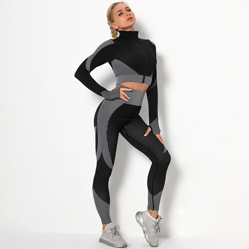 Latest Design Jacquard seamless zipper yoga suit 2PCS women's knitted hip lifting stretch gym pants sport yoga set