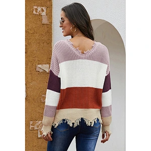 Wholesale High Quality Stylish Multi-Color Striped V neck Irregular Raw Edge Knit Women Sweater