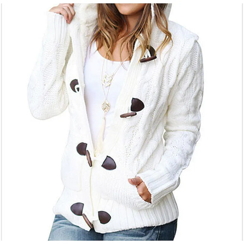 High Quality Fashion Warm Fur Hood Horn Button Sweater Cardigan