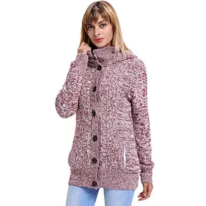 Women's Long Sleeve Button-up Hooded Cardigans Knit Sweater Blouse