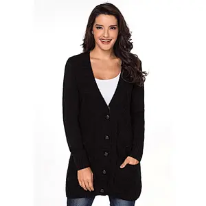 Hot sale Premium Knitting Sweater Pockets Button Deep V Neck Fitted Womens Cardigan Long