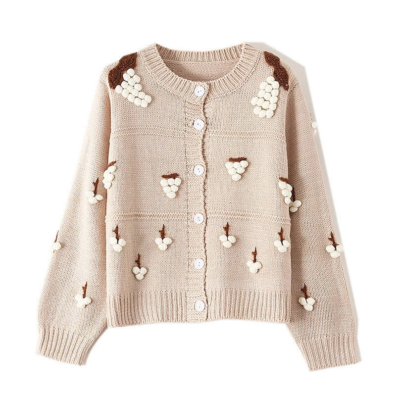 Amazon Hot OEM/ODM Crew Neck Long Sleeve knitted Three-dimensional grapes Button Up sweaters coat for women