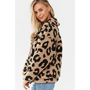 Custom Logo Womens Winter Jacket Outwear Leopard Print Full Zipper Sherpa Fleece Jacket