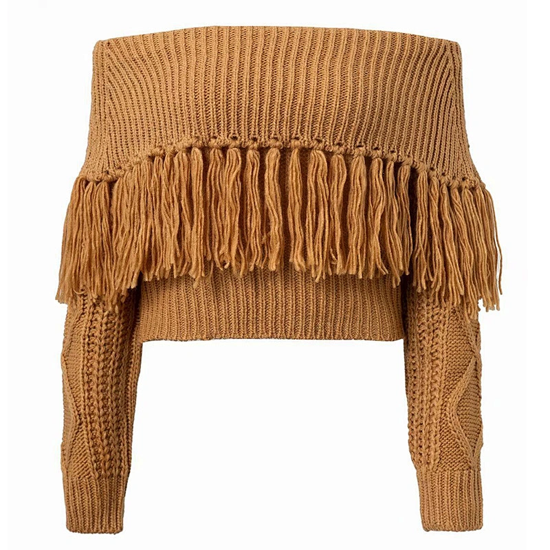 Wholesale Latest Design Womens Fall Thick Knitted Sexy Slash Tassel Sweater