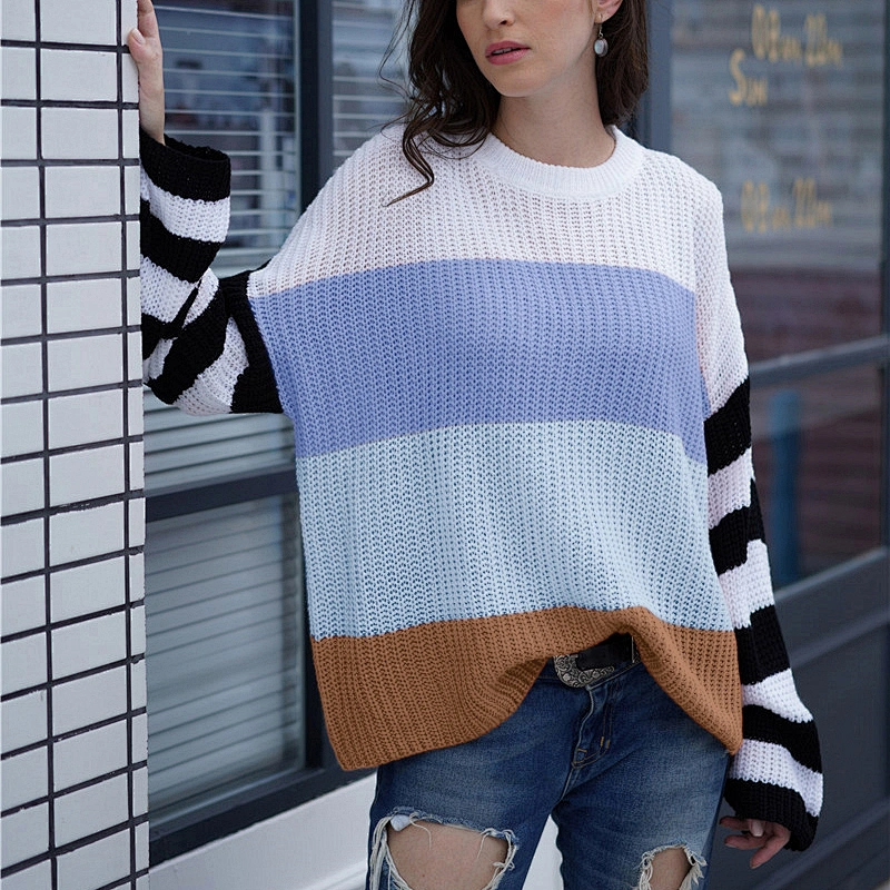 WInter new Loose Pullover S-XL Multi Color Striped Knitting Ladies Commuting Sweater