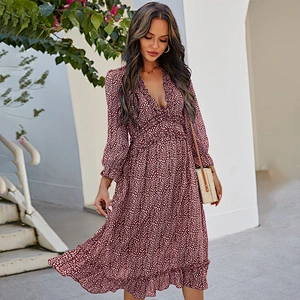 2021 New All Over Print Deep V-neck Ruffle Hem Dress