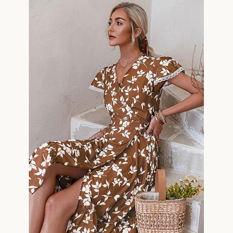 2021 New Simplee Lace Trim Wrap Tie Side Floral Dress