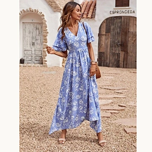 2021 New Allover Floral Asymmetrical Hem A-line Dress