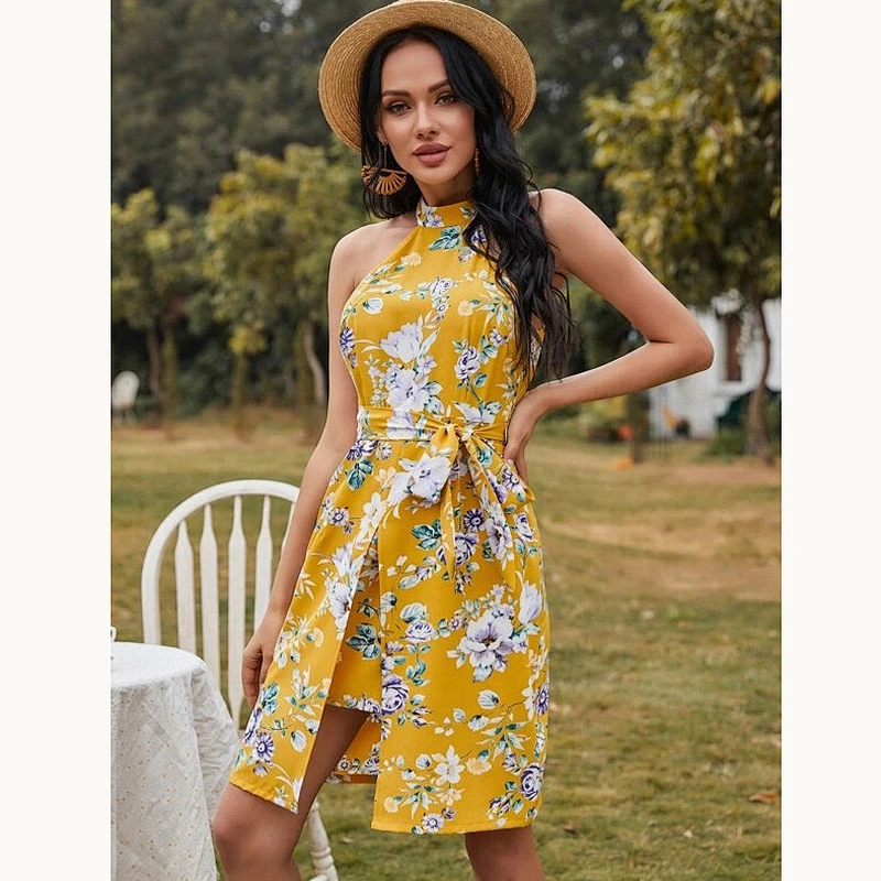2021 New Floral Print Belted Halter Dress
