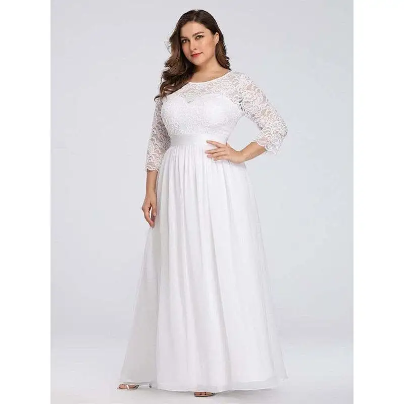 Factory Hot Selling Simple Plus Size Lace Evening Dress with Long Sleeves Party Dress