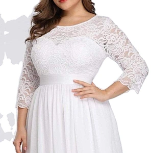 Factory Hot Selling Simple Plus Size Lace Evening Dress with Long Sleeves Party Dress