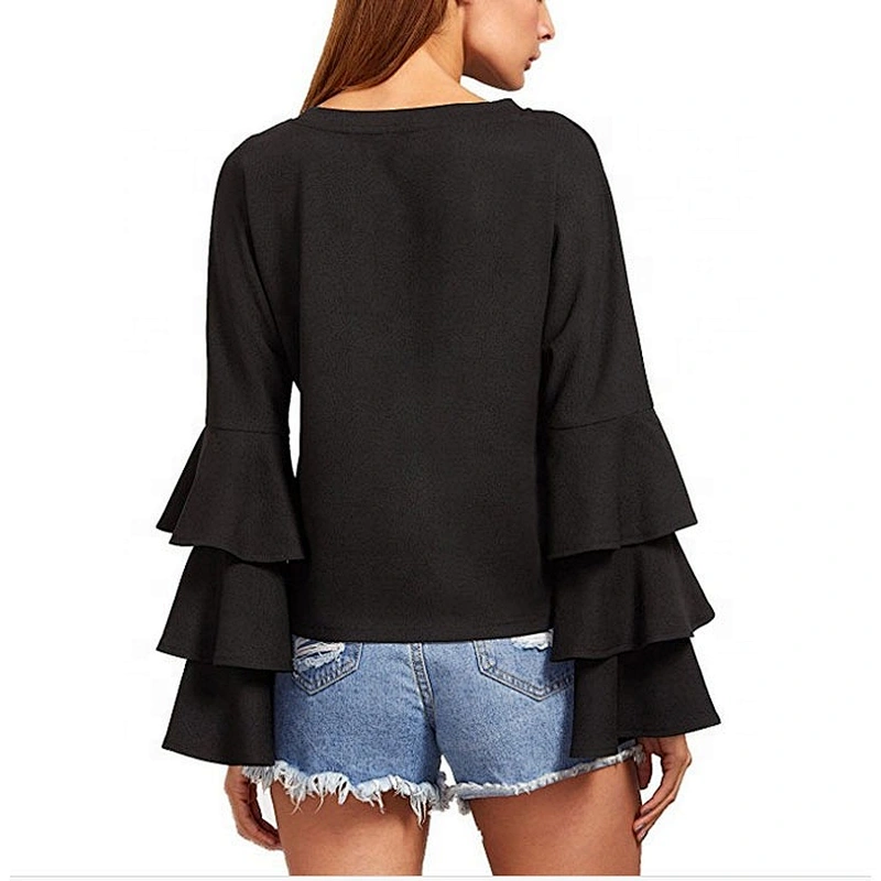 Long Sleeve White Crew Neck Ruffle Shirt Ladies Work Wear Chiffon Blouse