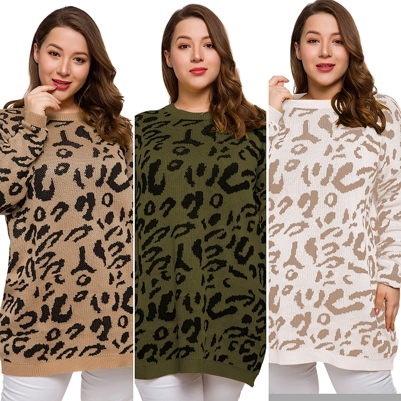 Fashion winter fat Women Pullover Crew Neck Loose Casual Leopard Print Oversize Sweater