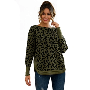 Fancy Stylish Women pullover jumper Long sleeve Striped Hem White Leopard Knit Sweater