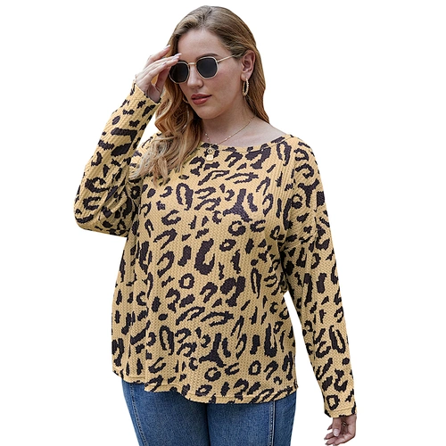 Amazon Top Selling  Women Plus Size Leopard Print Sweater Tops Long Sleeve Pullover Blouse