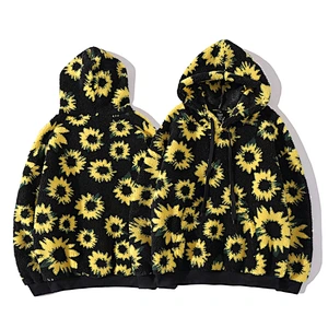 2021 New Arrival Sunflower Printed Lamb Wool Sweatshirt Front Belt Sherpa Fleece Hoodies