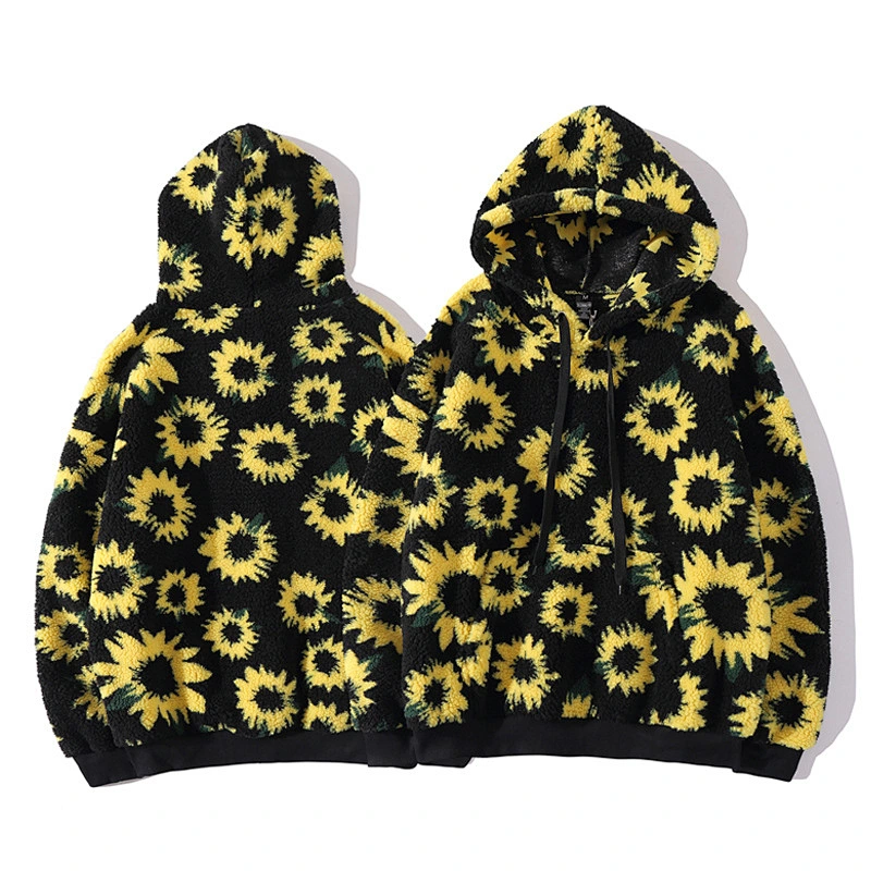 2021 New Arrival Sunflower Printed Lamb Wool Sweatshirt Front Belt Sherpa Fleece Hoodies
