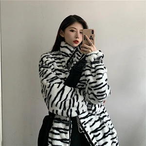 Amazon INS Hot Cozy Plush Coat Zebra Pattern Full Zip Sherpa Fleece Jacket Pullover