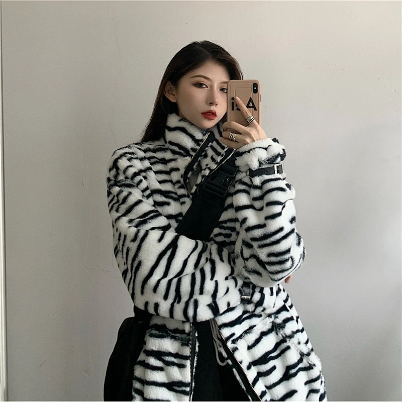 Amazon INS Hot Cozy Plush Coat Zebra Pattern Full Zip Sherpa Fleece Jacket Pullover