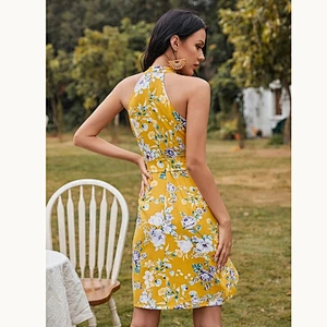 2021 New Floral Print Belted Halter Dress