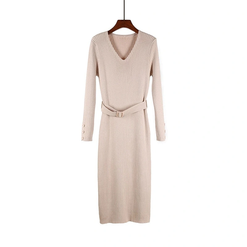 Custom Logo Womens Over-knee Long Sweater Dress  V-Neck Front Belted knitted Tunic Sweater Dress Pullover