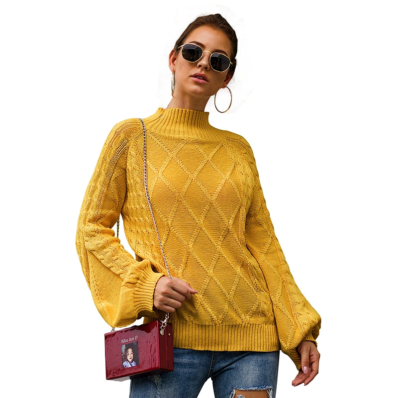 Wholesale New Design Ladies Top Loose Long Sleeve High Neck Yellow Knit Sweater Pullover