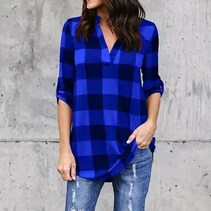 Wholesale Plaid Printed V-neck Long-sleeved Ladies Shirt Office Tunic Shirts Tops For Women