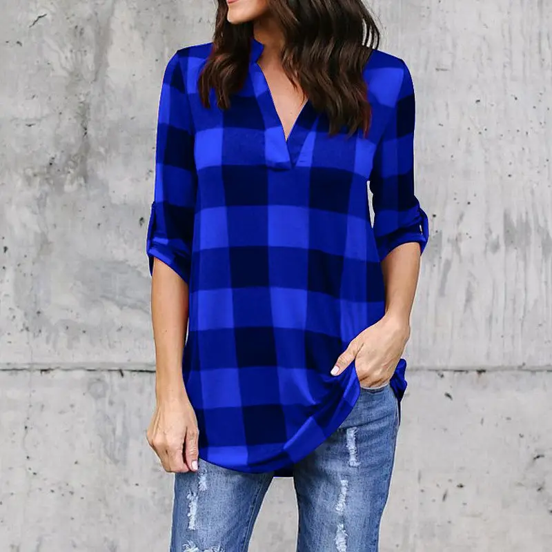 Wholesale Plaid Printed V-neck Long-sleeved Ladies Shirt Office Tunic Shirts Tops For Women